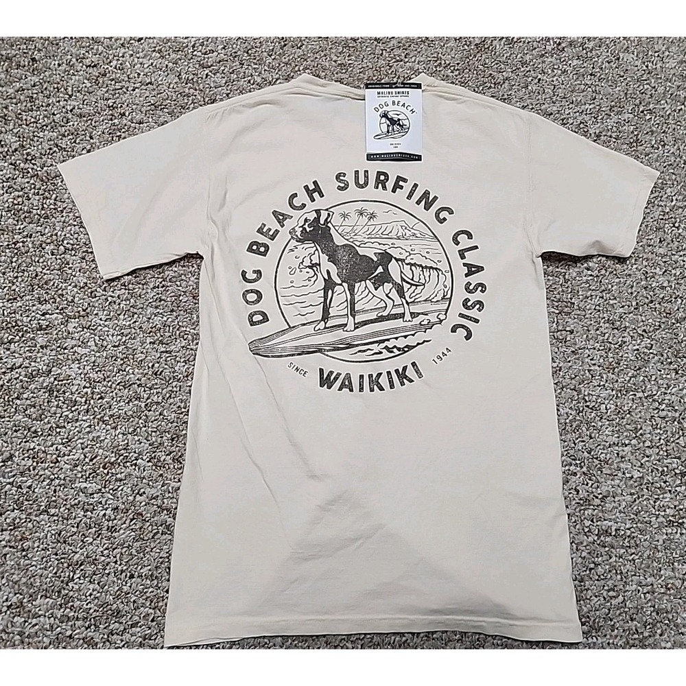 Malibu Shirts Dog Beach‎ Surfing Classic Waikiki  Ivory 2 Sided Ivory Small NWT